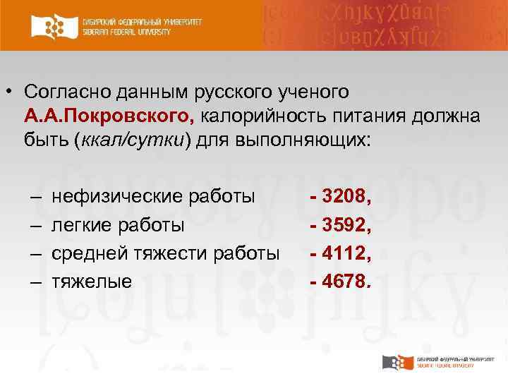  • Согласно данным русского ученого А. А. Покровского, калорийность питания должна быть (ккал/сутки)
