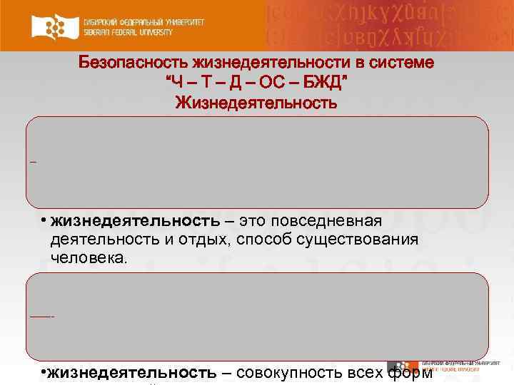 Безопасность жизнедеятельности в системе “Ч – Т – Д – ОС – БЖД” Жизнедеятельность