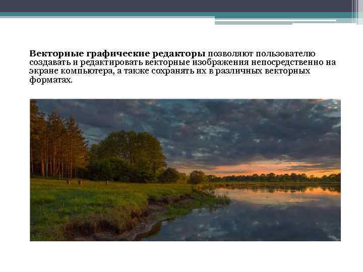 Векторные графические редакторы позволяют пользователю создавать и редактировать векторные изображения непосредственно на экране компьютера,