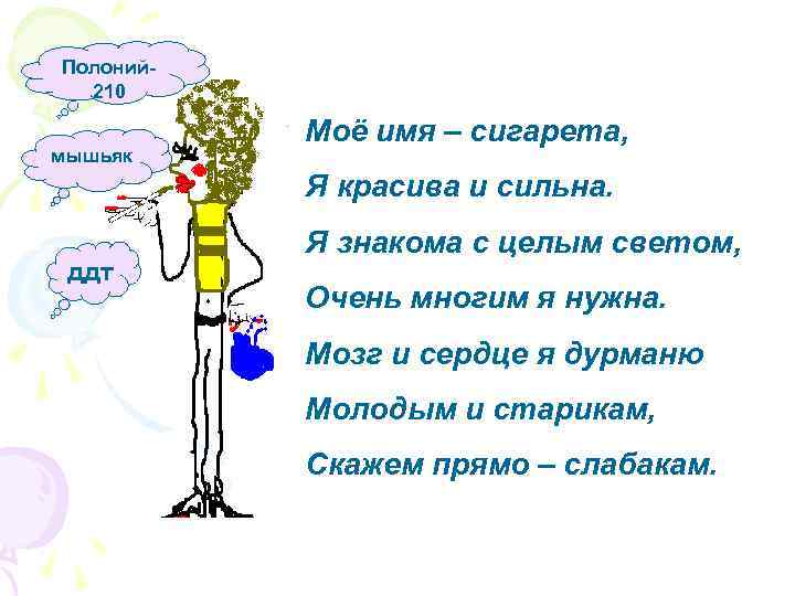 Полоний 210 мышьяк Моё имя – сигарета, Я красива и сильна. ддт Я знакома
