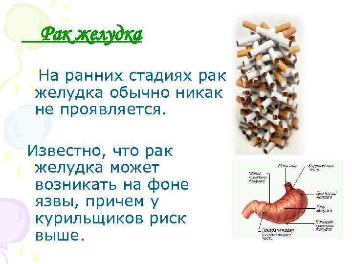 Рак желудка На ранних стадиях рак желудка обычно никак не проявляется. Известно, что рак