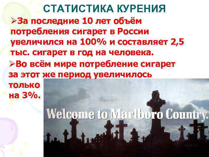 СТАТИСТИКА КУРЕНИЯ ØЗа последние 10 лет объём потребления сигарет в России увеличился на 100%