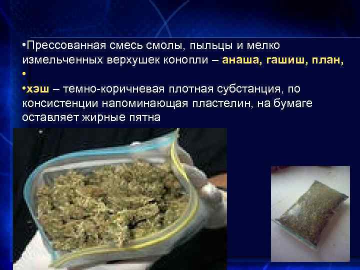  • Прессованная смесь смолы, пыльцы и мелко измельченных верхушек конопли – анаша, гашиш,