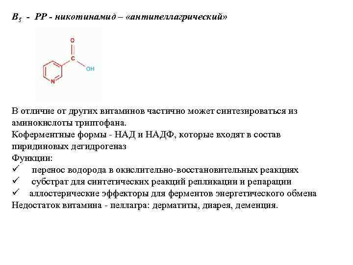 В 5 - РР - никотинамид – «антипеллагрический» В отличие от других витаминов частично