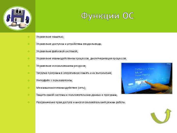 Функции ОС Управление памятью; Управление доступом к устройствам ввода-вывода; Управление файловой системой; Управление взаимодействием