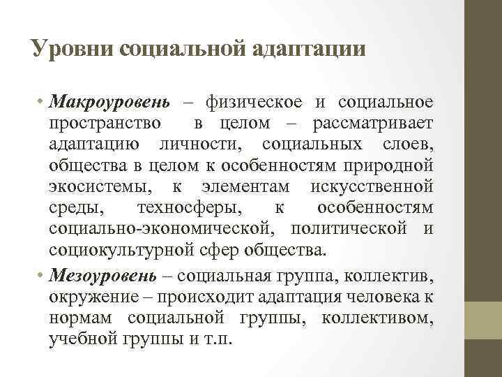 Уровни социальной адаптации • Макроуровень – физическое и социальное пространство в целом – рассматривает