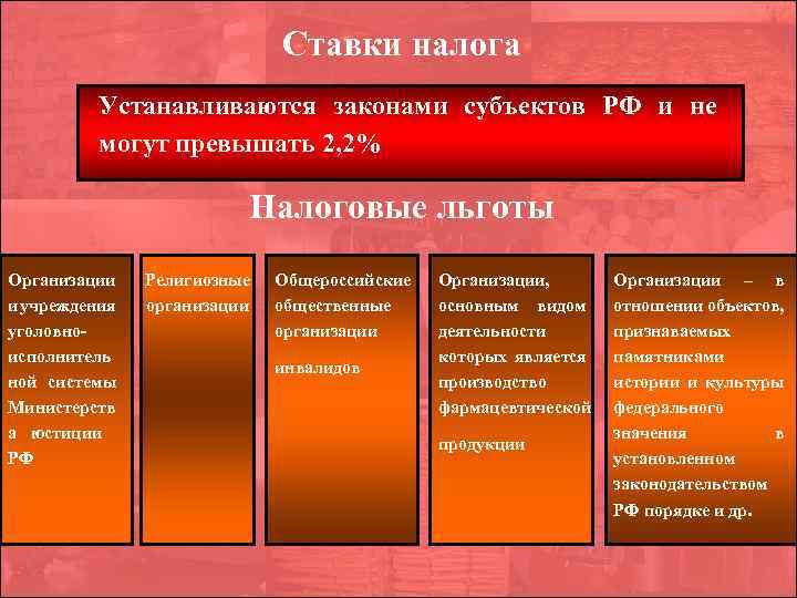 Ставки налога Устанавливаются законами субъектов РФ и не могут превышать 2, 2% Налоговые льготы