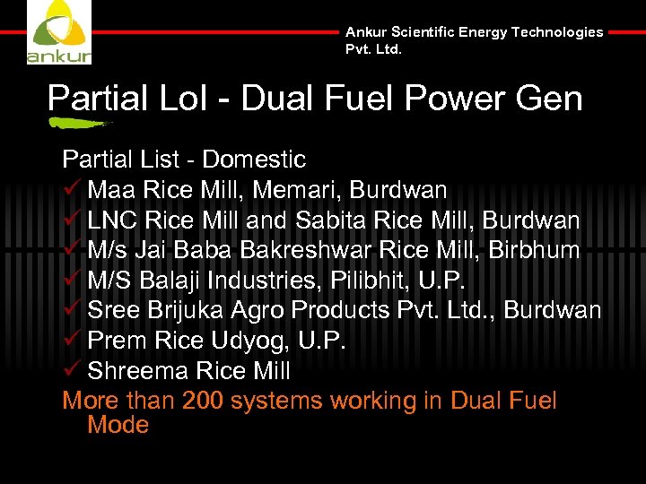 Ankur Scientific Energy Technologies Pvt. Ltd. Partial Lo. I - Dual Fuel Power Gen