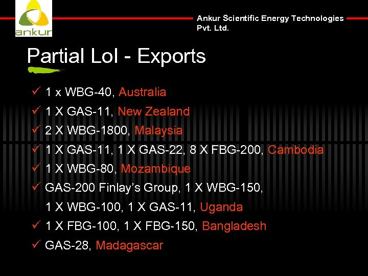 Ankur Scientific Energy Technologies Pvt. Ltd. Partial Lo. I - Exports ü 1 x