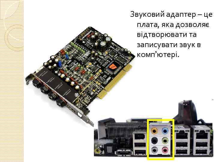 Звуковий адаптер – це плата, яка дозволяє відтворювати та записувати звук в комп’ютері. 