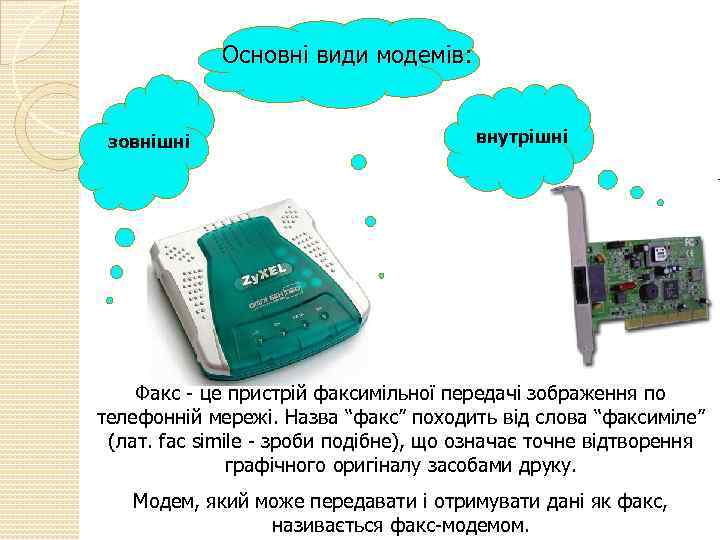 Основні види модемів: зовнішні внутрішні Факс - це пристрій факсимільної передачі зображення по телефонній