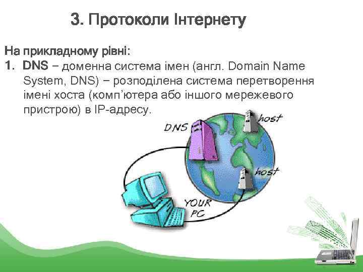 3. Протоколи Інтернету На прикладному рівні: 1. DNS − доменна система імен (англ. Domain