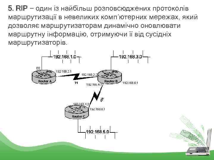 5. RIP − один із найбільш розповсюджених протоколів маршрутизації в невеликих комп’ютерних мережах, який