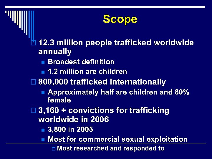 Scope o 12. 3 million people trafficked worldwide annually n n Broadest definition 1.