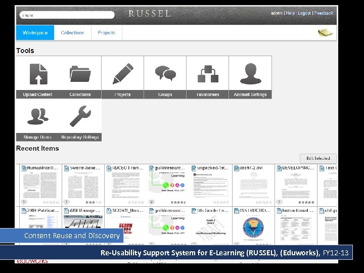 Content Reuse and Discovery Re-Usability Support System for E-Learning (RUSSEL), (Eduworks), FY 12 -13