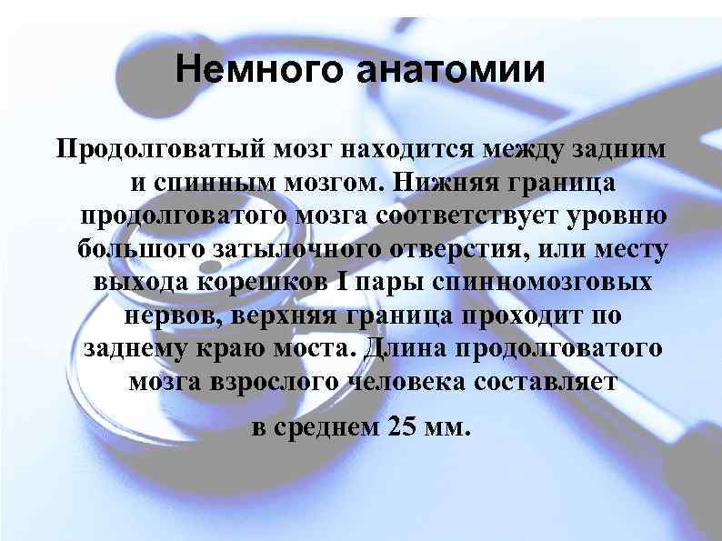 Немного анатомии Продолговатый мозг находится между задним и спинным мозгом. Нижняя граница продолговатого мозга