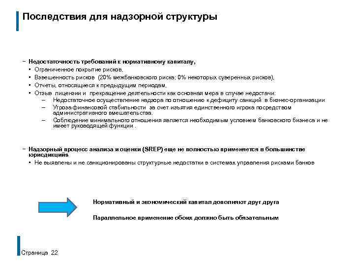 Последствия для надзорной структуры − Недостаточность требований к нормативному капиталу, • Ограниченное покрытие рисков,
