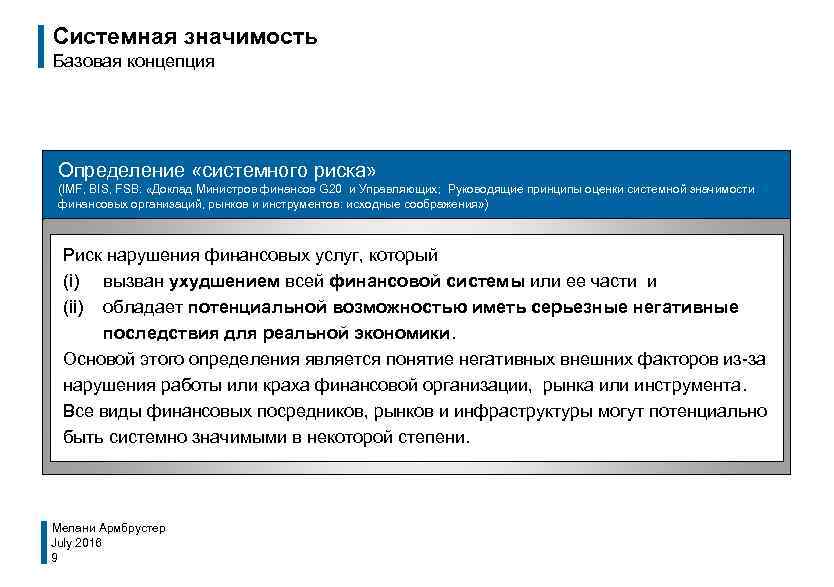 Системная значимость Базовая концепция Определение «системного риска» (IMF, BIS, FSB: «Доклад Министров финансов G
