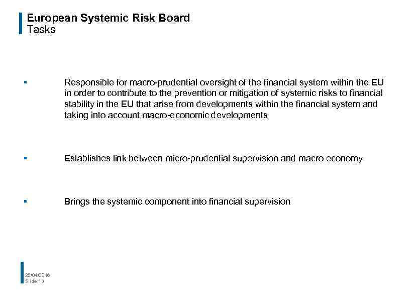 European Systemic Risk Board Tasks § Responsible for macro-prudential oversight of the financial system