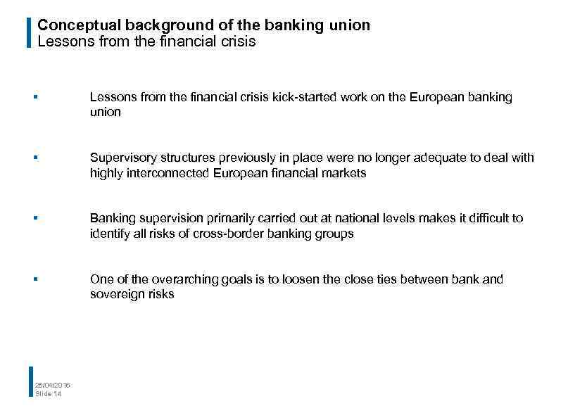 Conceptual background of the banking union Lessons from the financial crisis § Lessons from