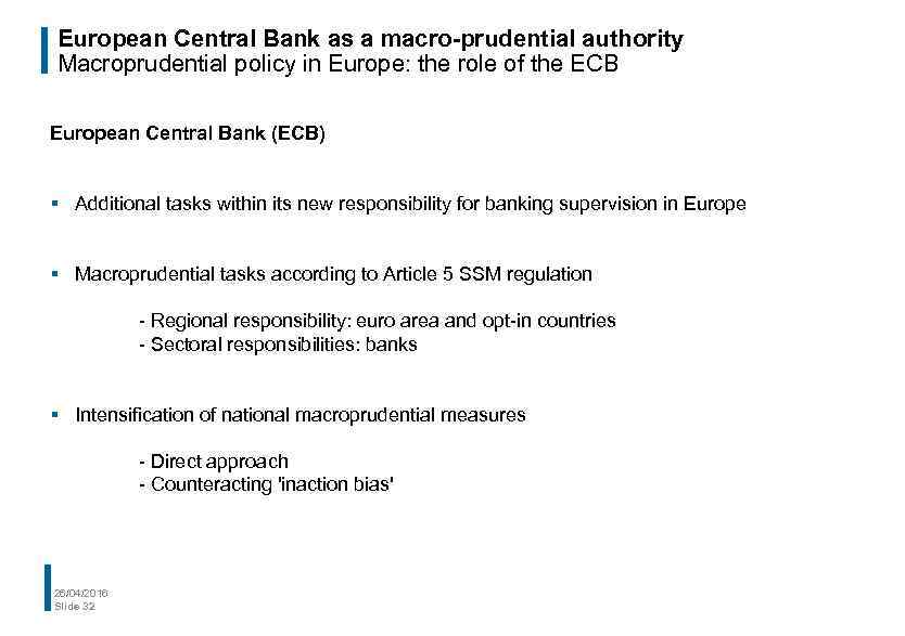 European Central Bank as a macro-prudential authority Macroprudential policy in Europe: the role of