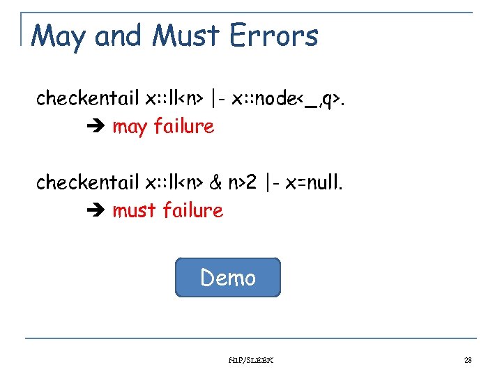 May and Must Errors checkentail x: : ll<n> |- x: : node<_, q>. may