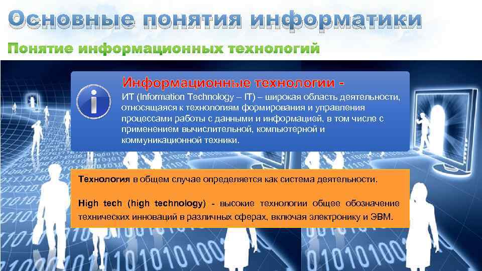 Основные понятия информатики Информационные технологии ИТ (Information Technology – IT) – широкая область деятельности,