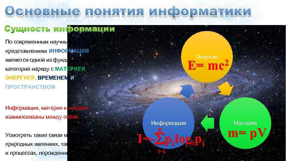 Основные понятия информатики По современным научным представлениям ИНФОРМАЦИЯ Энергия является одной из фундаментальных Е=