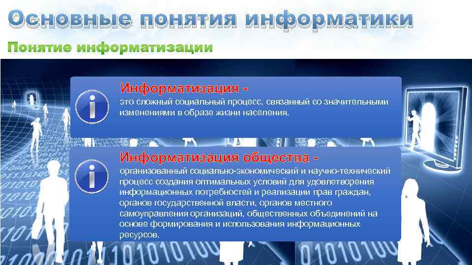 Основные понятия информатики Информатизация это сложный социальный процесс, связанный со значительными изменениями в образе