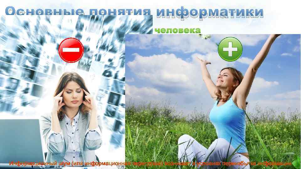 Основные понятия информатики Информационный шум (или информационная перегрузка) возникает в условиях переизбытка информации 