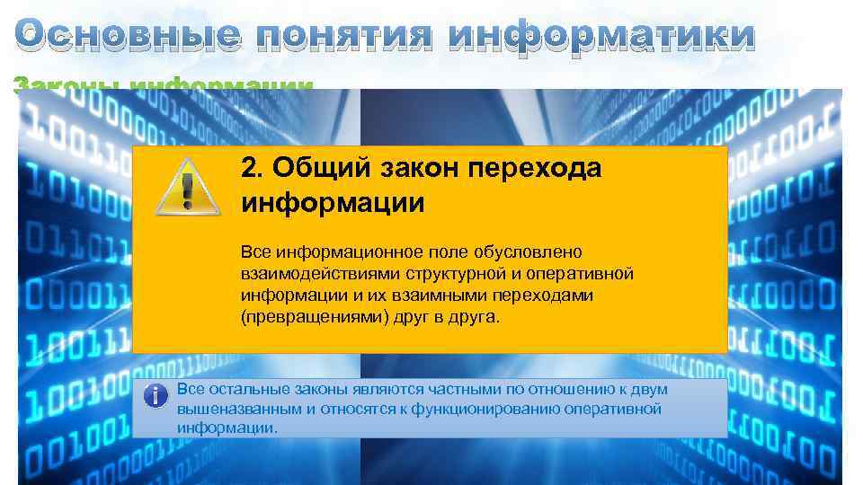 Основные понятия информатики 2. Общий закон перехода информации Все информационное поле обусловлено взаимодействиями структурной