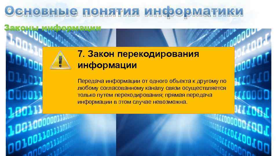 Основные понятия информатики 7. Закон перекодирования информации Передача информации от одного объекта к другому