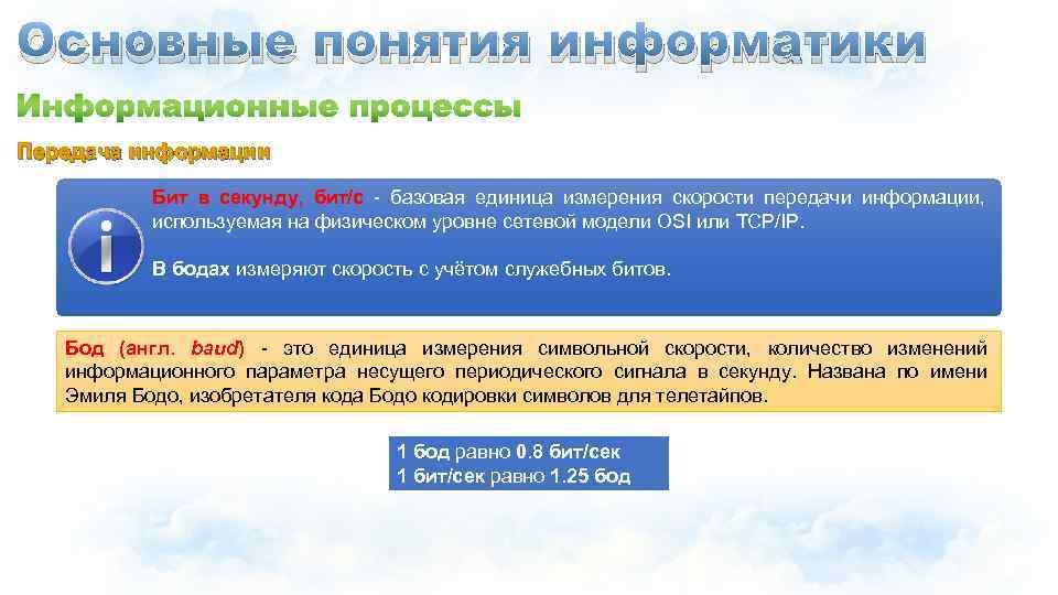Основные понятия информатики Передача информации Бит в секунду, бит/с - базовая единица измерения скорости