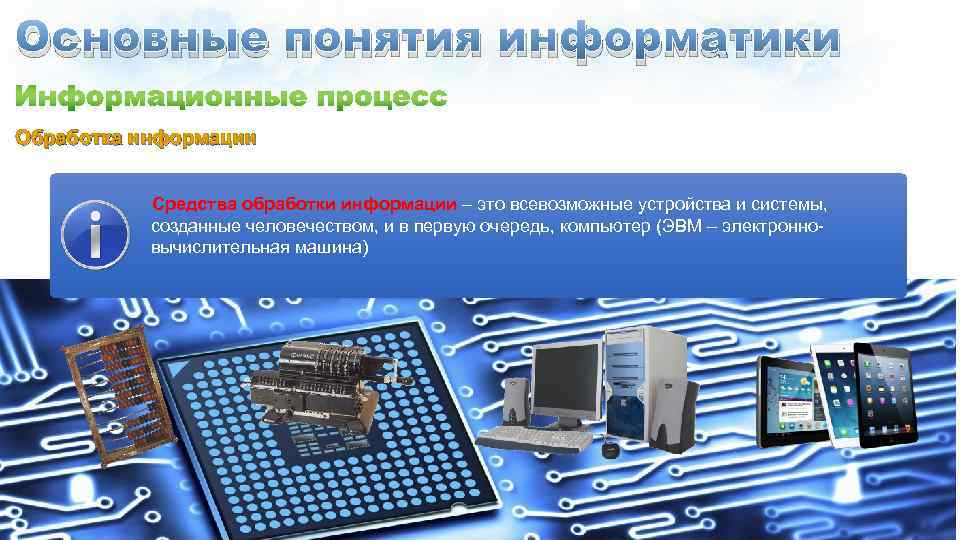 Основные понятия информатики Обработка информации Обработка Средства обработки информации – это всевозможные устройства и
