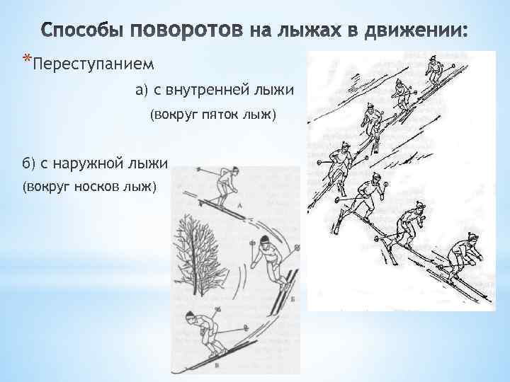 *Переступанием а) с внутренней лыжи (вокруг пяток лыж) б) с наружной лыжи (вокруг носков