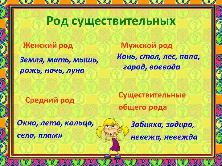 Род существительных Женский род Земля, мать, мышь, рожь, ночь, луна Средний род Окно, лето,