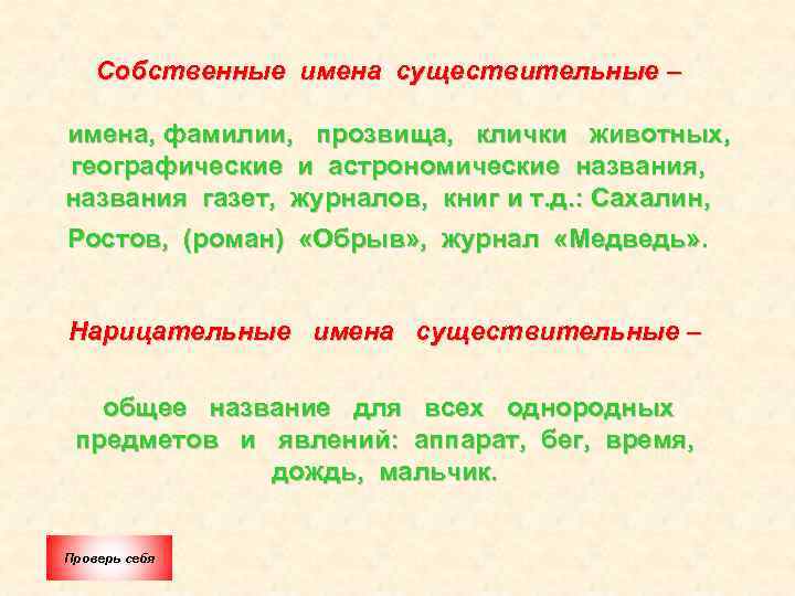 Собственные имена существительные – имена, фамилии, прозвища, клички животных, географические и астрономические названия, названия