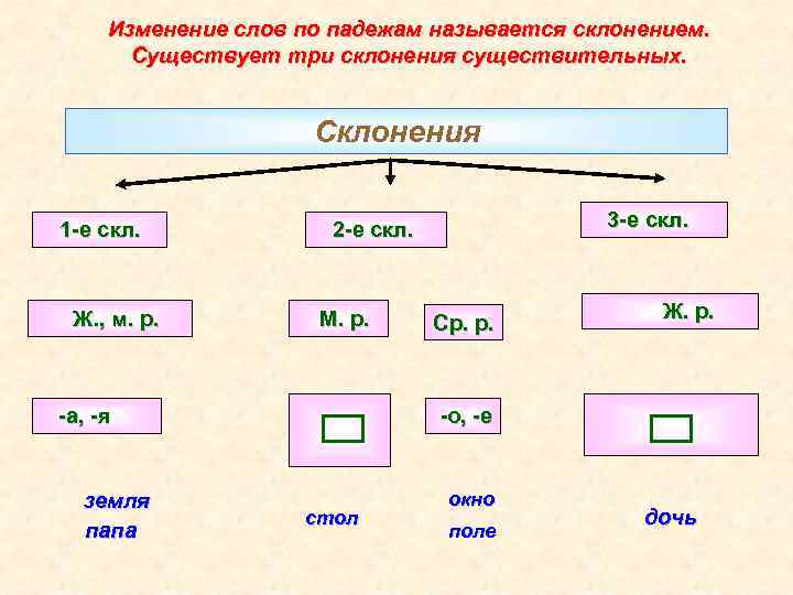 Изменение слов по падежам называется склонением. Существует три склонения существительных. Склонения 1 -е скл.