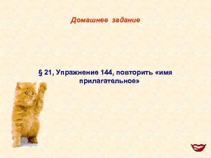 Домашнее задание § 21, Упражнение 144, повторить «имя прилагательное» 