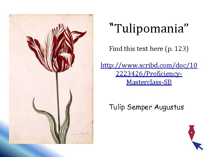 “Tulipomania” Find this text here (p. 123) http: //www. scribd. com/doc/10 2223426/Proficiency. Masterclass-SB Tulip