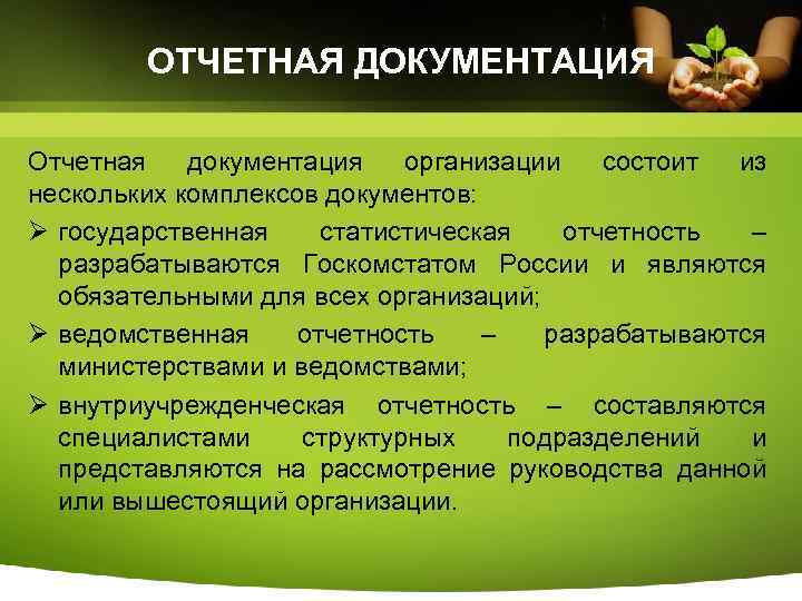 ОТЧЕТНАЯ ДОКУМЕНТАЦИЯ Отчетная документация организации состоит из нескольких комплексов документов: Ø государственная статистическая отчетность