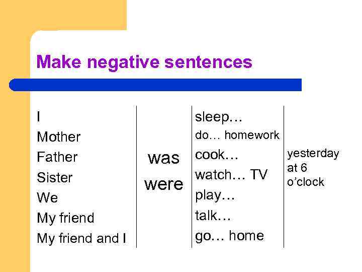Make negative sentences I Mother Father Sister We My friend and I sleep… do…