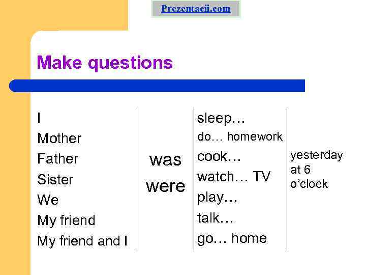 Prezentacii. com Make questions I Mother Father Sister We My friend and I sleep…