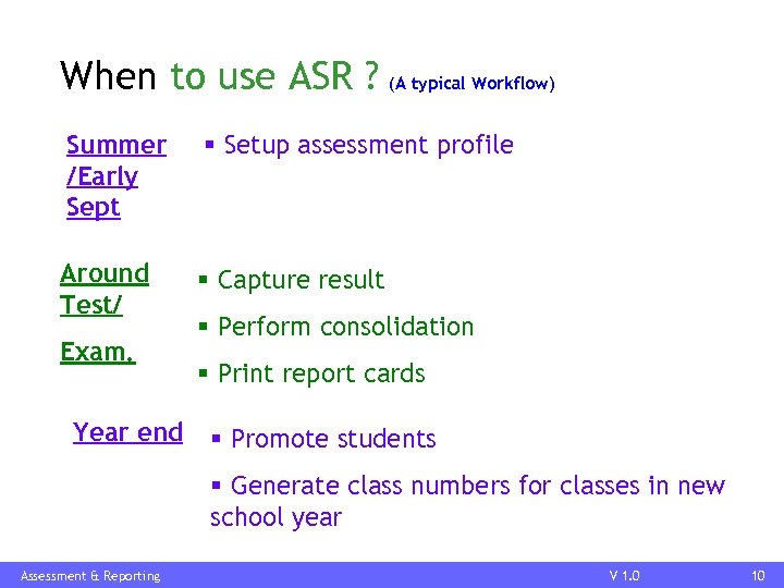 When to use ASR ? (A typical Workflow) Summer /Early Sept § Setup assessment