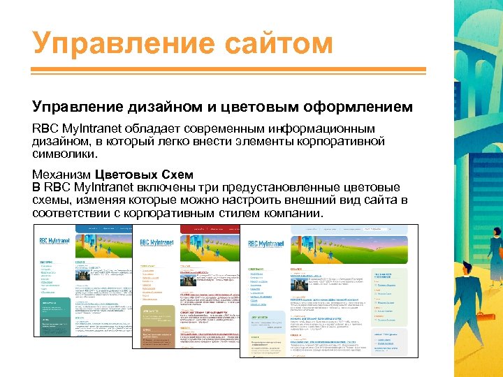 Управление сайтом Управление дизайном и цветовым оформлением RBC My. Intranet обладает современным информационным дизайном,