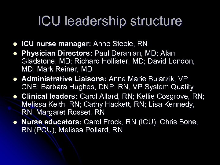 ICU leadership structure l l l ICU nurse manager: Anne Steele, RN Physician Directors: