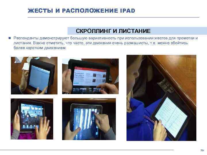 ЖЕСТЫ И РАСПОЛОЖЕНИЕ IPAD СКРОЛЛИНГ И ЛИСТАНИЕ n Респонденты демонстрируют большую вариативность при использовании
