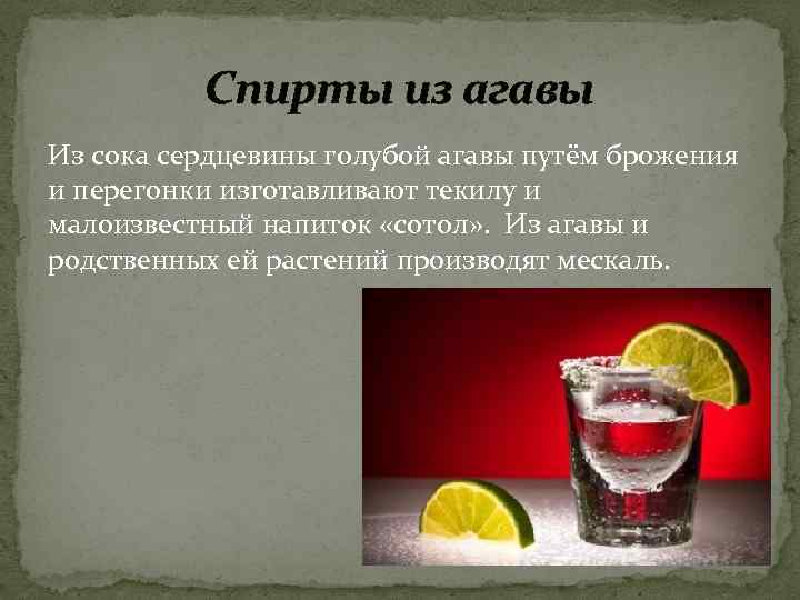 Спирты из агавы Из сока сердцевины голубой агавы путём брожения и перегонки изготавливают текилу