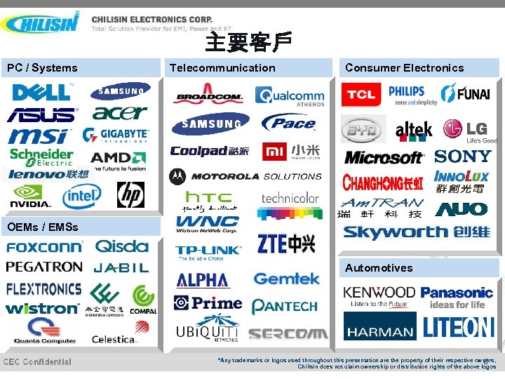 主要客戶 PC / Systems Telecommunication Consumer Electronics OEMs / EMSs Automotives *Any trademarks or