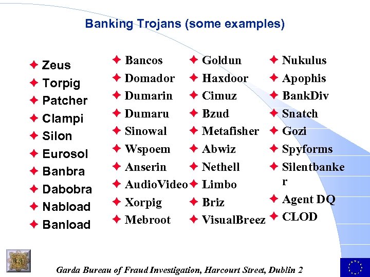 Banking Trojans (some examples) è Zeus è Torpig è Patcher è Clampi è Silon